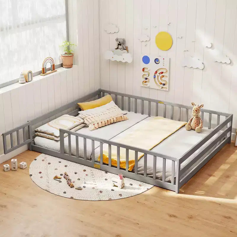Costway Queen Size Floor Bed with Full Length Safety Guardrails & Door for Boys, Girls Pink/Gray/Natural/Icy Aqua/White/Mint Sky