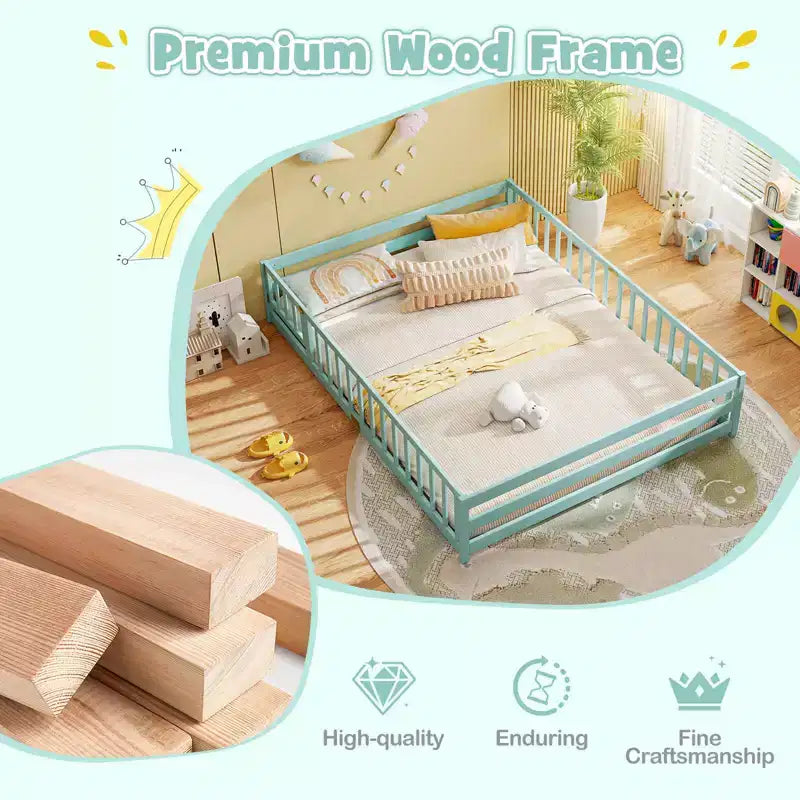 Costway Queen Size Floor Bed with Full Length Safety Guardrails & Door for Boys, Girls Pink/Gray/Natural/Icy Aqua/White/Mint Sky