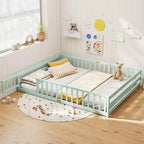 Costway Queen Size Floor Bed with Full Length Safety Guardrails & Door for Boys, Girls Pink/Gray/Natural/Icy Aqua/White/Mint Sky