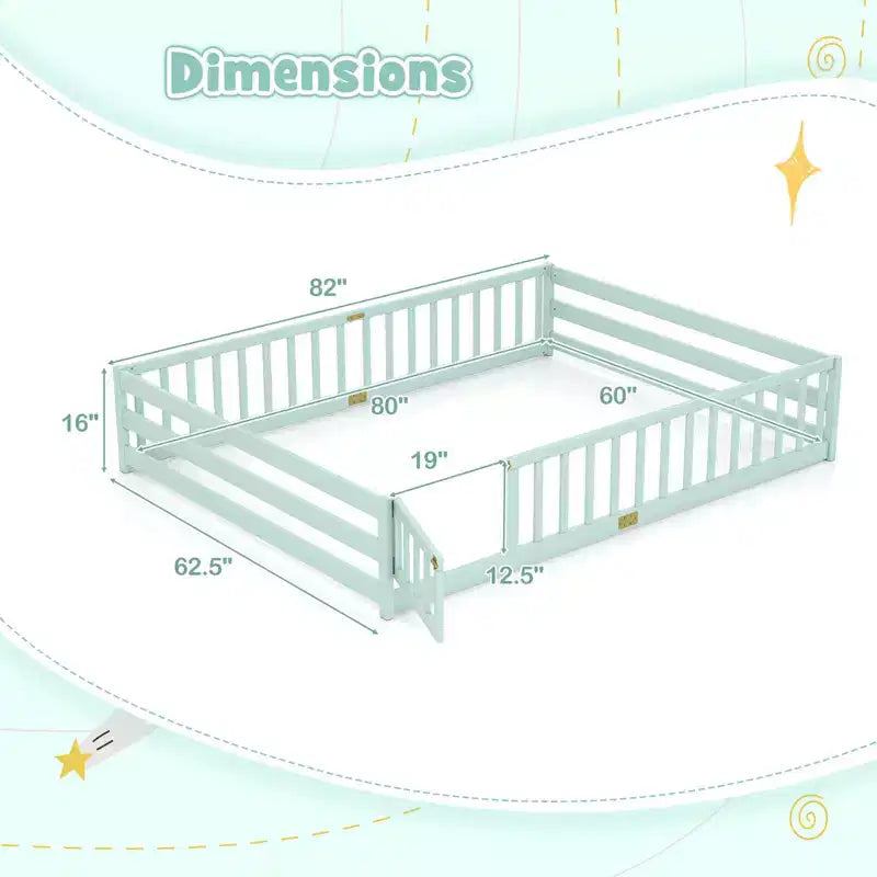 Costway Queen Size Floor Bed with Full Length Safety Guardrails & Door for Boys, Girls Pink/Gray/Natural/Icy Aqua/White/Mint Sky