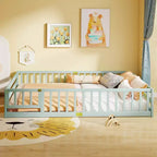 Costway Queen Size Floor Bed with Full Length Safety Guardrails & Door for Boys, Girls Pink/Gray/Natural/Icy Aqua/White/Mint Sky