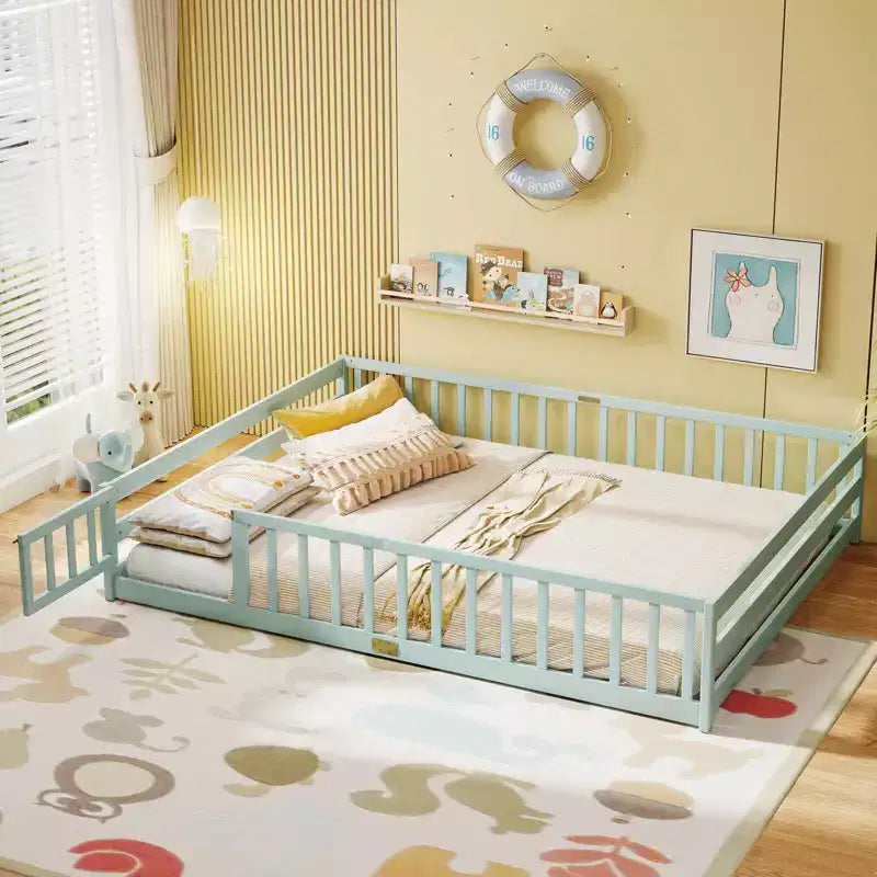Costway Queen Size Floor Bed with Full Length Safety Guardrails & Door for Boys, Girls Pink/Gray/Natural/Icy Aqua/White/Mint Sky