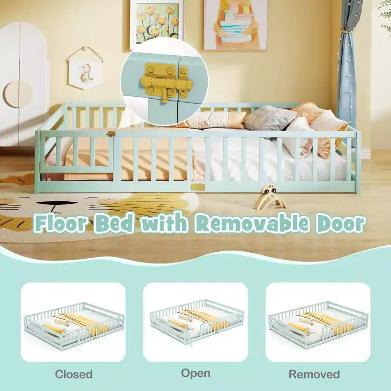 Costway Queen Size Floor Bed with Full Length Safety Guardrails & Door for Boys, Girls Pink/Gray/Natural/Icy Aqua/White/Mint Sky