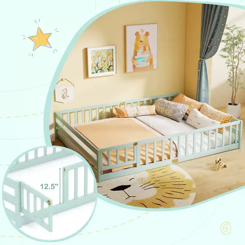 Costway Queen Size Floor Bed with Full Length Safety Guardrails & Door for Boys, Girls Pink/Gray/Natural/Icy Aqua/White/Mint Sky