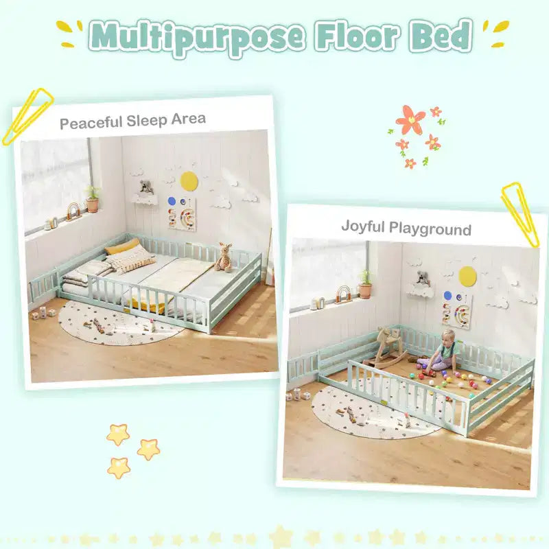 Costway Queen Size Floor Bed with Full Length Safety Guardrails & Door for Boys, Girls Pink/Gray/Natural/Icy Aqua/White/Mint Sky