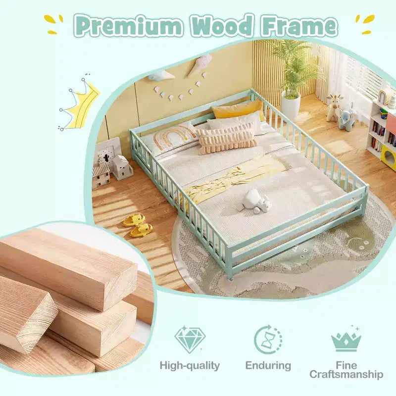 Costway Queen Size Floor Bed with Full Length Safety Guardrails & Door for Boys, Girls Pink/Gray/Natural/Icy Aqua/White/Mint Sky
