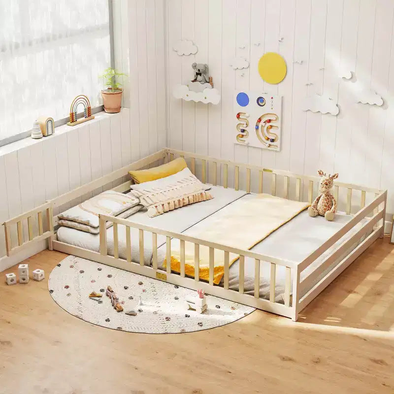Costway Queen Size Floor Bed with Full Length Safety Guardrails & Door for Boys, Girls Pink/Gray/Natural/Icy Aqua/White/Mint Sky