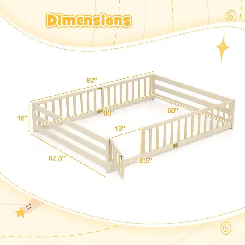 Costway Queen Size Floor Bed with Full Length Safety Guardrails & Door for Boys, Girls Pink/Gray/Natural/Icy Aqua/White/Mint Sky