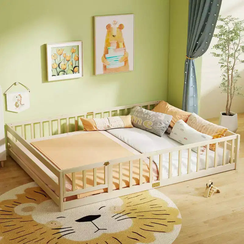 Costway Queen Size Floor Bed with Full Length Safety Guardrails & Door for Boys, Girls Pink/Gray/Natural/Icy Aqua/White/Mint Sky