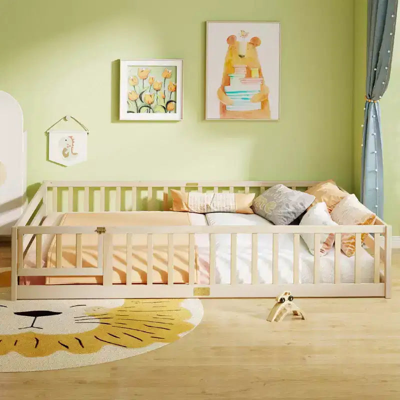 Costway Queen Size Floor Bed with Full Length Safety Guardrails & Door for Boys, Girls Pink/Gray/Natural/Icy Aqua/White/Mint Sky