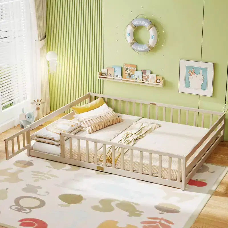 Costway Queen Size Floor Bed with Full Length Safety Guardrails & Door for Boys, Girls Pink/Gray/Natural/Icy Aqua/White/Mint Sky