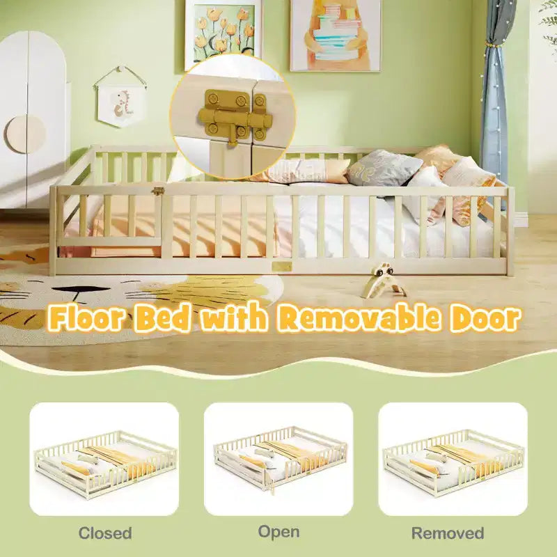 Costway Queen Size Floor Bed with Full Length Safety Guardrails & Door for Boys, Girls Pink/Gray/Natural/Icy Aqua/White/Mint Sky