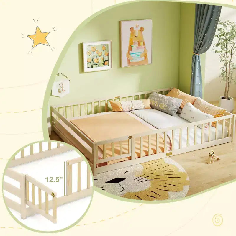 Costway Queen Size Floor Bed with Full Length Safety Guardrails & Door for Boys, Girls Pink/Gray/Natural/Icy Aqua/White/Mint Sky
