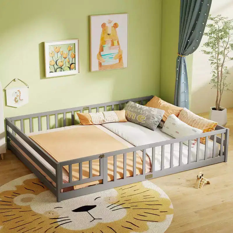 Costway Queen Size Floor Bed with Full Length Safety Guardrails & Door for Boys, Girls Pink/Gray/Natural/Icy Aqua/White/Mint Sky