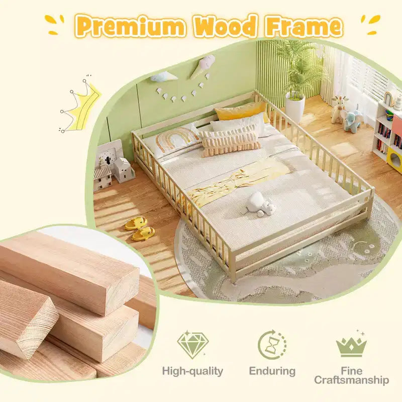 Costway Queen Size Floor Bed with Full Length Safety Guardrails & Door for Boys, Girls Pink/Gray/Natural/Icy Aqua/White/Mint Sky