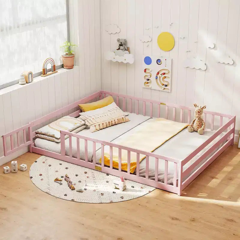 Costway Queen Size Floor Bed with Full Length Safety Guardrails & Door for Boys, Girls Pink/Gray/Natural/Icy Aqua/White/Mint Sky