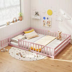Costway Queen Size Floor Bed with Full Length Safety Guardrails & Door for Boys, Girls Pink/Gray/Natural/Icy Aqua/White/Mint Sky