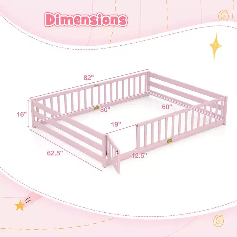 Costway Queen Size Floor Bed with Full Length Safety Guardrails & Door for Boys, Girls Pink/Gray/Natural/Icy Aqua/White/Mint Sky