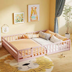 Costway Queen Size Floor Bed with Full Length Safety Guardrails & Door for Boys, Girls Pink/Gray/Natural/Icy Aqua/White/Mint Sky
