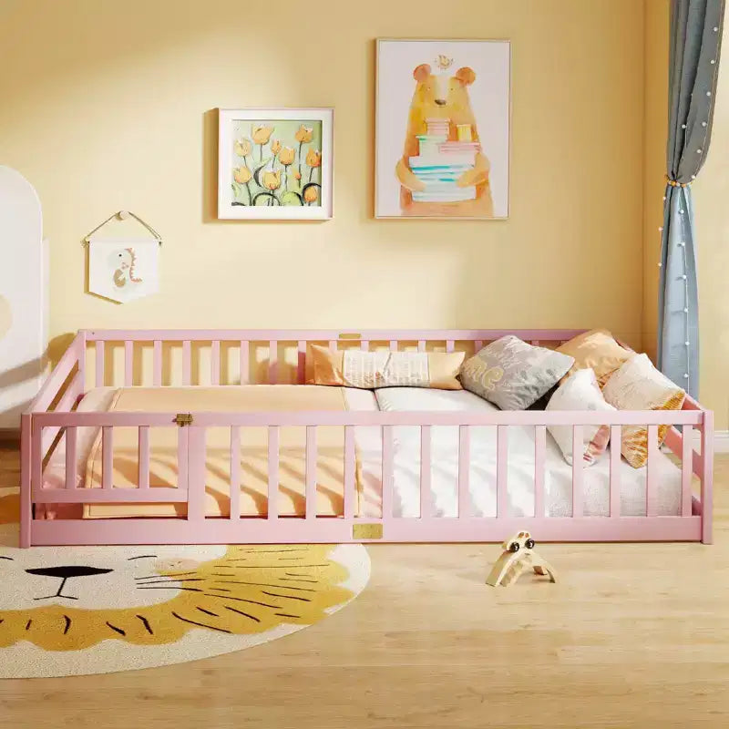 Costway Queen Size Floor Bed with Full Length Safety Guardrails & Door for Boys, Girls Pink/Gray/Natural/Icy Aqua/White/Mint Sky