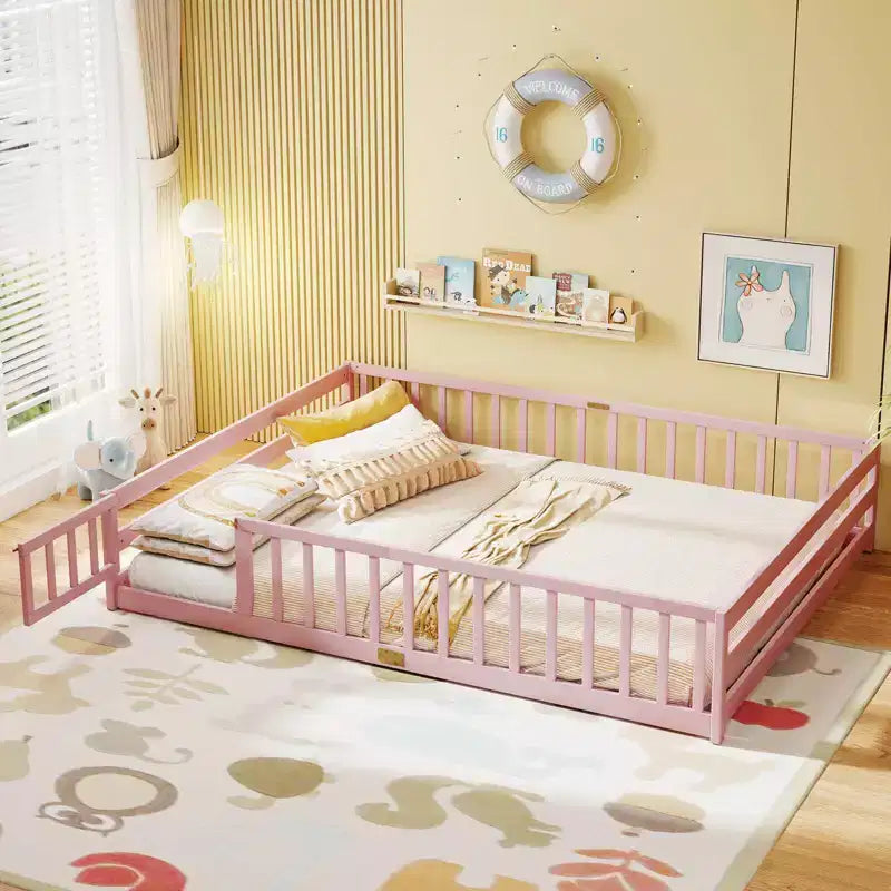 Costway Queen Size Floor Bed with Full Length Safety Guardrails & Door for Boys, Girls Pink/Gray/Natural/Icy Aqua/White/Mint Sky