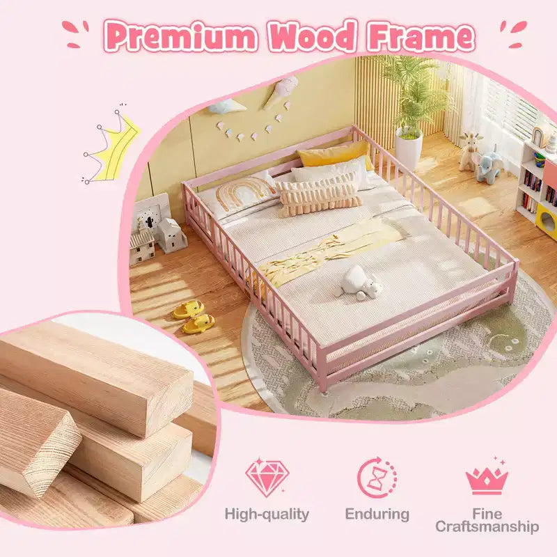 Costway Queen Size Floor Bed with Full Length Safety Guardrails & Door for Boys, Girls Pink/Gray/Natural/Icy Aqua/White/Mint Sky
