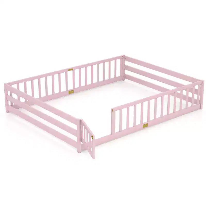 Costway Queen Size Floor Bed with Full Length Safety Guardrails & Door for Boys, Girls Pink/Gray/Natural/Icy Aqua/White/Mint Sky