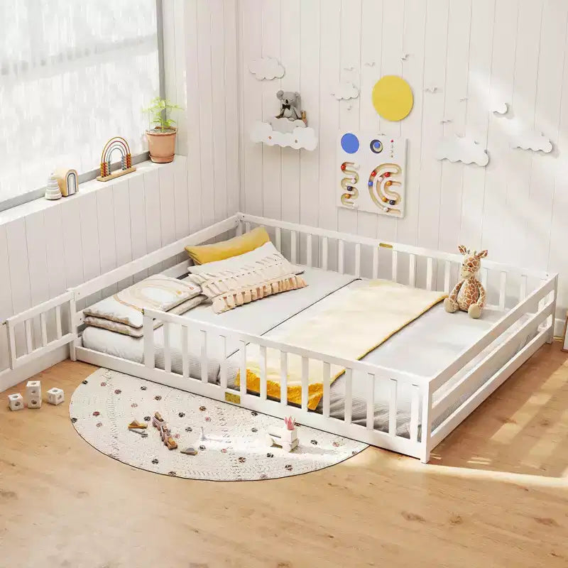 Costway Queen Size Floor Bed with Full Length Safety Guardrails & Door for Boys, Girls Pink/Gray/Natural/Icy Aqua/White/Mint Sky