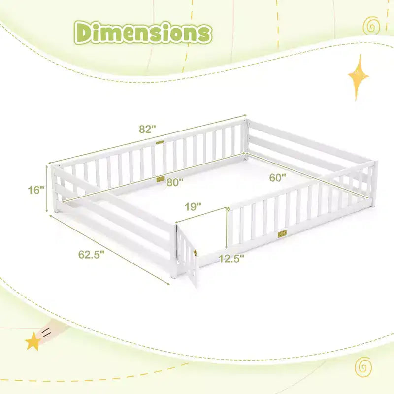Costway Queen Size Floor Bed with Full Length Safety Guardrails & Door for Boys, Girls Pink/Gray/Natural/Icy Aqua/White/Mint Sky