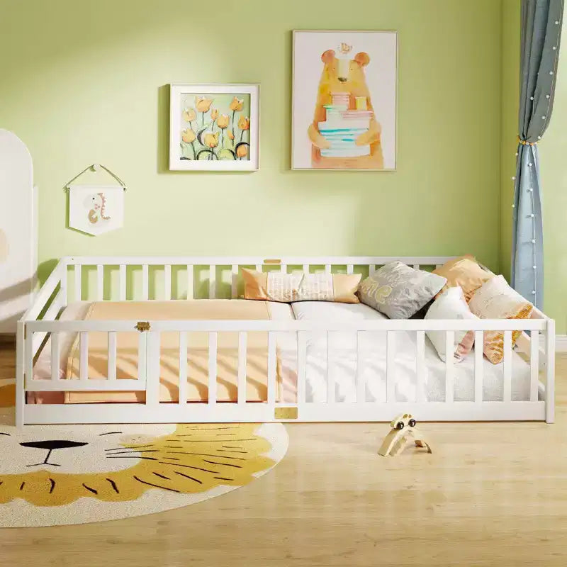 Costway Queen Size Floor Bed with Full Length Safety Guardrails & Door for Boys, Girls Pink/Gray/Natural/Icy Aqua/White/Mint Sky