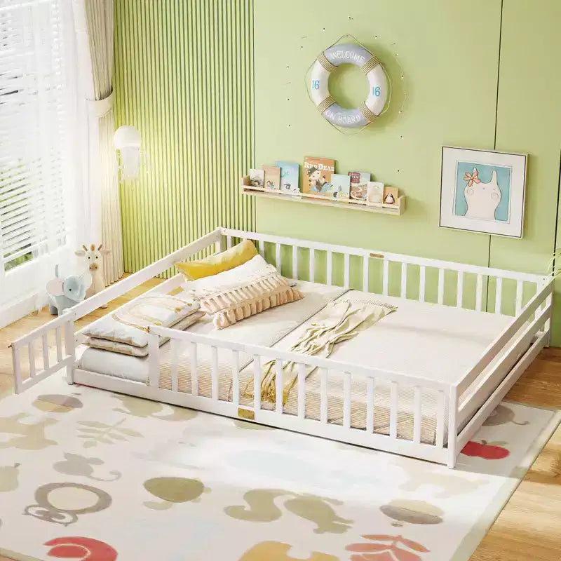 Costway Queen Size Floor Bed with Full Length Safety Guardrails & Door for Boys, Girls Pink/Gray/Natural/Icy Aqua/White/Mint Sky