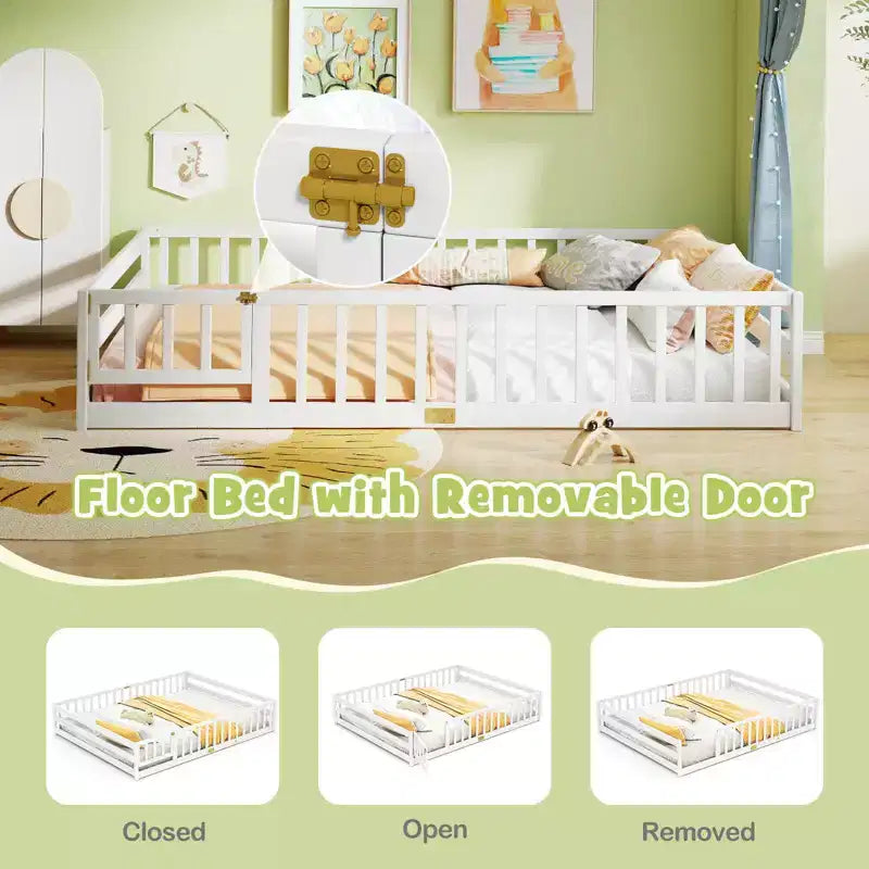 Costway Queen Size Floor Bed with Full Length Safety Guardrails & Door for Boys, Girls Pink/Gray/Natural/Icy Aqua/White/Mint Sky