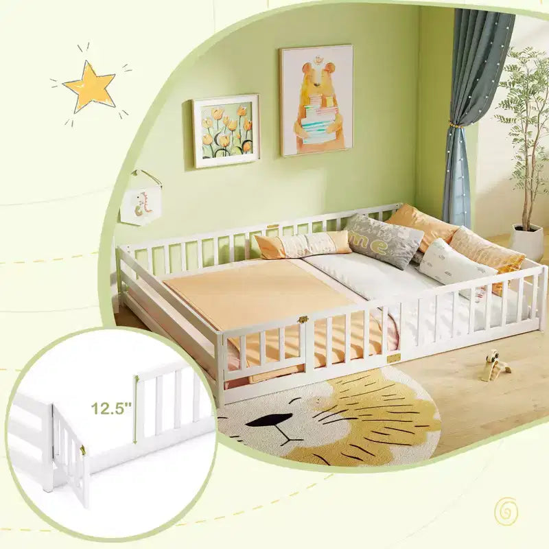 Costway Queen Size Floor Bed with Full Length Safety Guardrails & Door for Boys, Girls Pink/Gray/Natural/Icy Aqua/White/Mint Sky