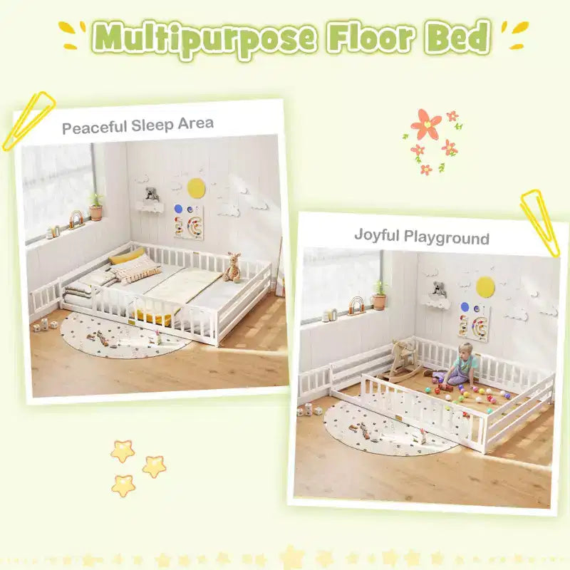 Costway Queen Size Floor Bed with Full Length Safety Guardrails & Door for Boys, Girls Pink/Gray/Natural/Icy Aqua/White/Mint Sky