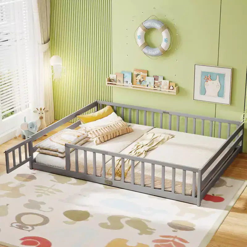 Costway Queen Size Floor Bed with Full Length Safety Guardrails & Door for Boys, Girls Pink/Gray/Natural/Icy Aqua/White/Mint Sky