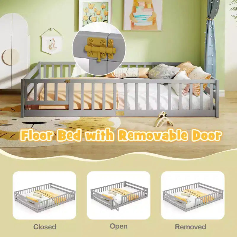 Costway Queen Size Floor Bed with Full Length Safety Guardrails & Door for Boys, Girls Pink/Gray/Natural/Icy Aqua/White/Mint Sky