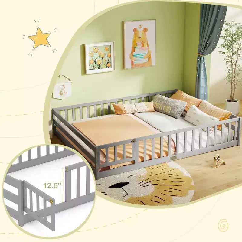 Costway Queen Size Floor Bed with Full Length Safety Guardrails & Door for Boys, Girls Pink/Gray/Natural/Icy Aqua/White/Mint Sky