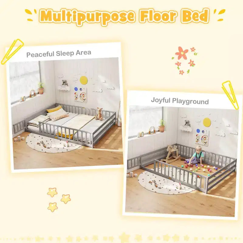Costway Queen Size Floor Bed with Full Length Safety Guardrails & Door for Boys, Girls Pink/Gray/Natural/Icy Aqua/White/Mint Sky
