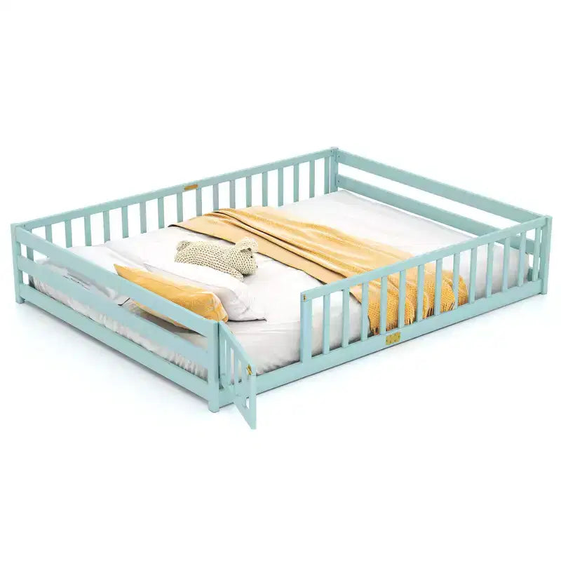 Costway Queen Size Floor Bed with Full Length Safety Guardrails & Door for Boys, Girls Pink/Gray/Natural/Icy Aqua/White/Mint Sky