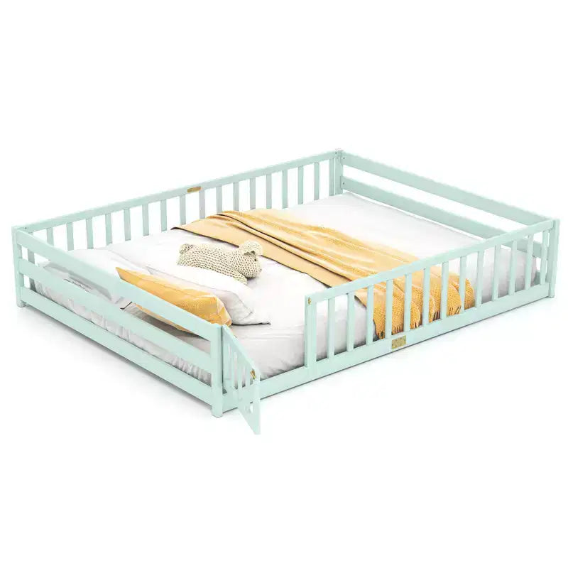 Costway Queen Size Floor Bed with Full Length Safety Guardrails & Door for Boys, Girls Pink/Gray/Natural/Icy Aqua/White/Mint Sky