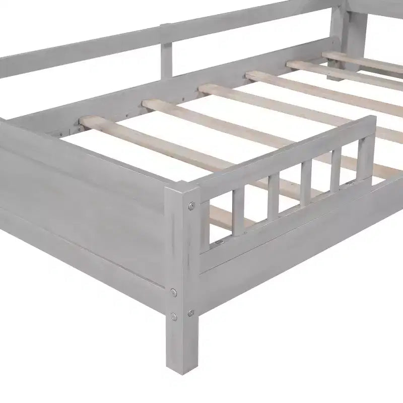 Kids Bed with Storage Headboard and Built-in LED Light, Wood Platform Bed Frame with Guardrail for Girls Boys