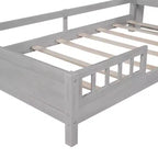 Kids Bed with Storage Headboard and Built-in LED Light, Wood Platform Bed Frame with Guardrail for Girls Boys
