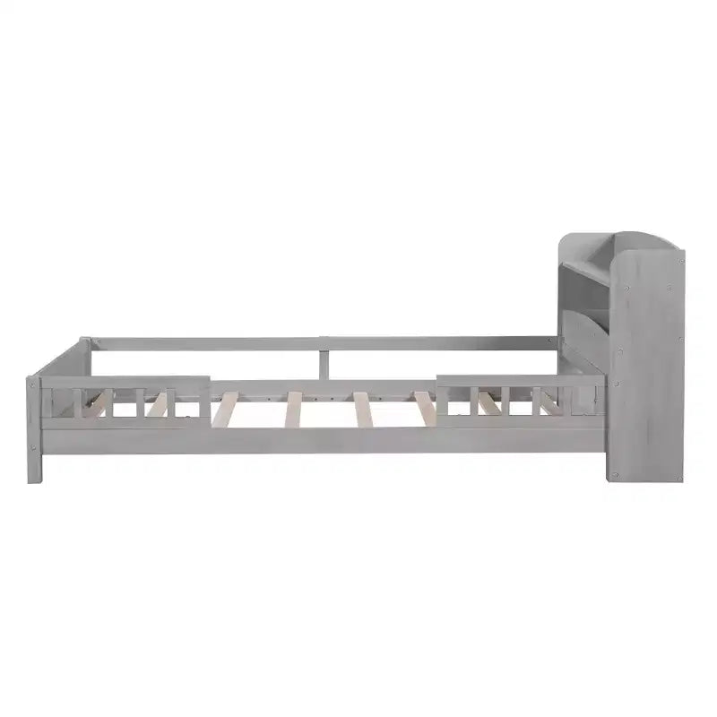 Kids Bed with Storage Headboard and Built-in LED Light, Wood Platform Bed Frame with Guardrail for Girls Boys