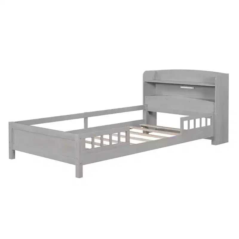 Kids Bed with Storage Headboard and Built-in LED Light, Wood Platform Bed Frame with Guardrail for Girls Boys