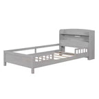 Kids Bed with Storage Headboard and Built-in LED Light, Wood Platform Bed Frame with Guardrail for Girls Boys