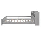 Kids Bed with Storage Headboard and Built-in LED Light, Wood Platform Bed Frame with Guardrail for Girls Boys