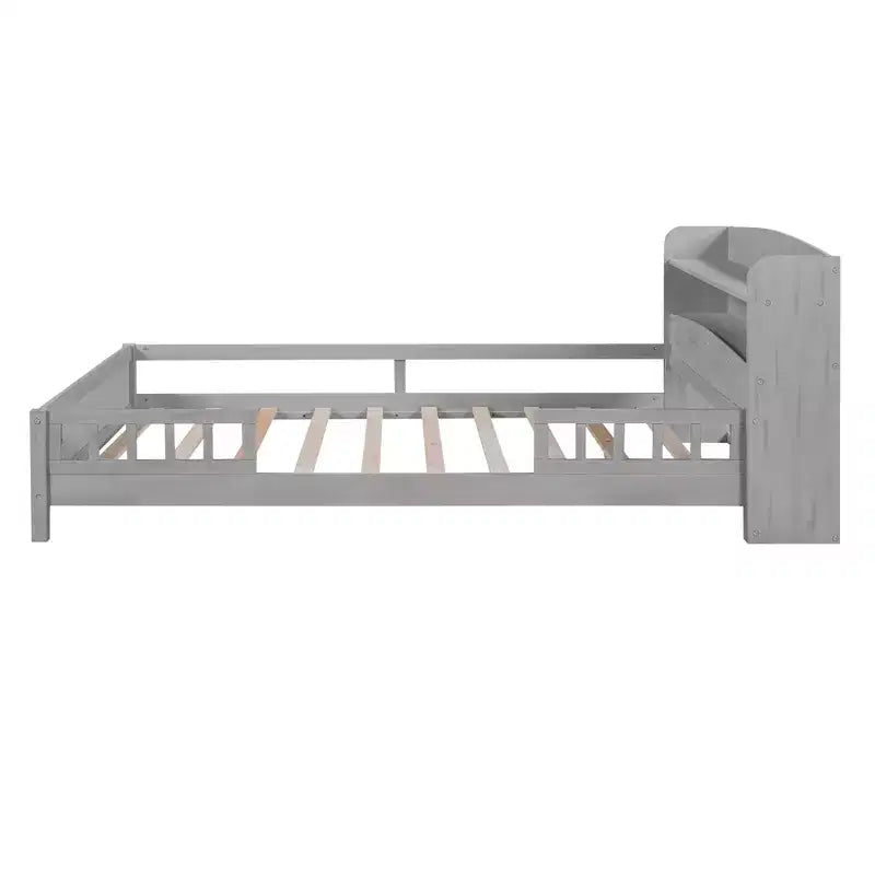 Kids Bed with Storage Headboard and Built-in LED Light, Wood Platform Bed Frame with Guardrail for Girls Boys