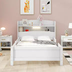Kids Bed with Storage Headboard and Built-in LED Light, Wood Platform Bed Frame with Guardrail for Girls Boys