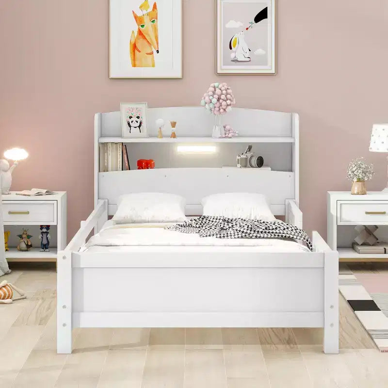 Kids Bed with Storage Headboard and Built-in LED Light, Wood Platform Bed Frame with Guardrail for Girls Boys