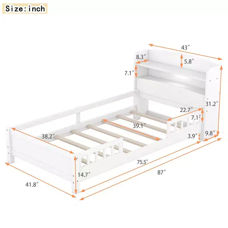 Kids Bed with Storage Headboard and Built-in LED Light, Wood Platform Bed Frame with Guardrail for Girls Boys